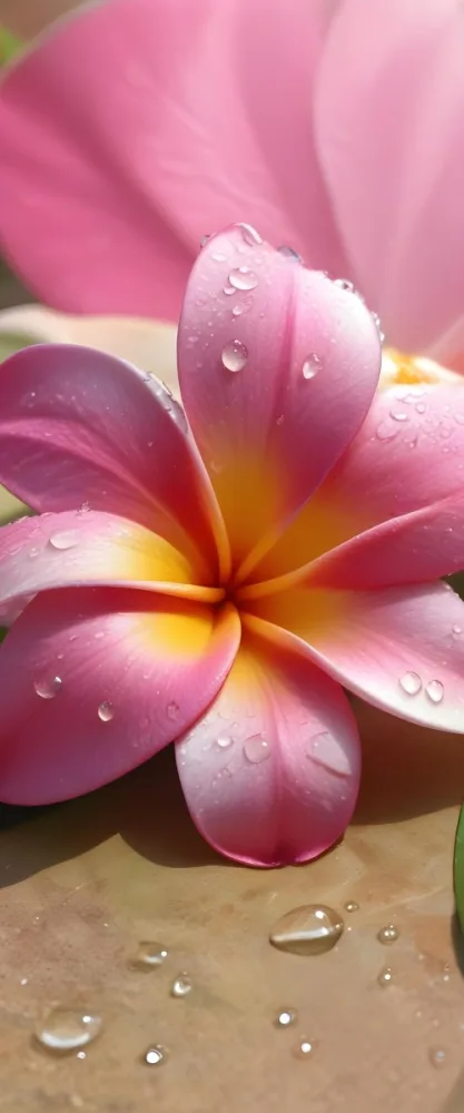 A Close Up Of A Vibrant Pink And Yellow Plumeria Flower With Water Droplets On The Petals Surrounded By Green Leaves In Bright Sunlight 16 1b1a
