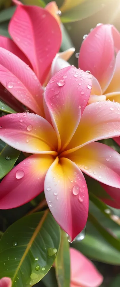 A Close Up Of A Vibrant Pink And Yellow Plumeria Flower With Water Droplets On The Petals Surrounded By Green Leaves In Bright Sunlight 2 0882