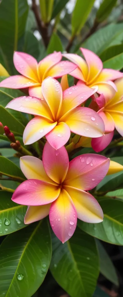 A Close Up Of A Vibrant Pink And Yellow Plumeria Flower With Water Droplets On The Petals Surrounded By Green Leaves In Bright Sunlight 3 Cf16