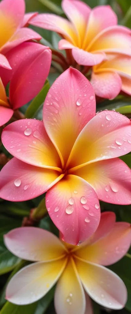 A Close Up Of A Vibrant Pink And Yellow Plumeria Flower With Water Droplets On The Petals Surrounded By Green Leaves In Bright Sunlight 4 D252