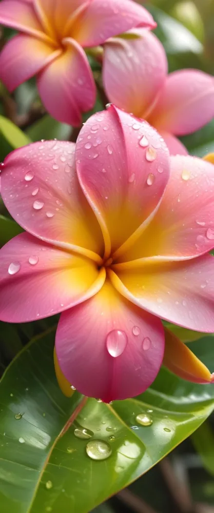 A Close Up Of A Vibrant Pink And Yellow Plumeria Flower With Water Droplets On The Petals Surrounded By Green Leaves In Bright Sunlight 6 D0dd