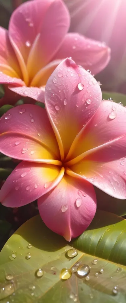 A Close Up Of A Vibrant Pink And Yellow Plumeria Flower With Water Droplets On The Petals Surrounded By Green Leaves In Bright Sunlight 8 1e2d