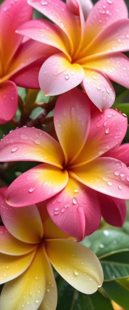 A Close Up Of A Vibrant Pink And Yellow Plumeria Flower With Water Droplets On The Petals Surrounded By Green Leaves In Bright Sunlight 9 B463