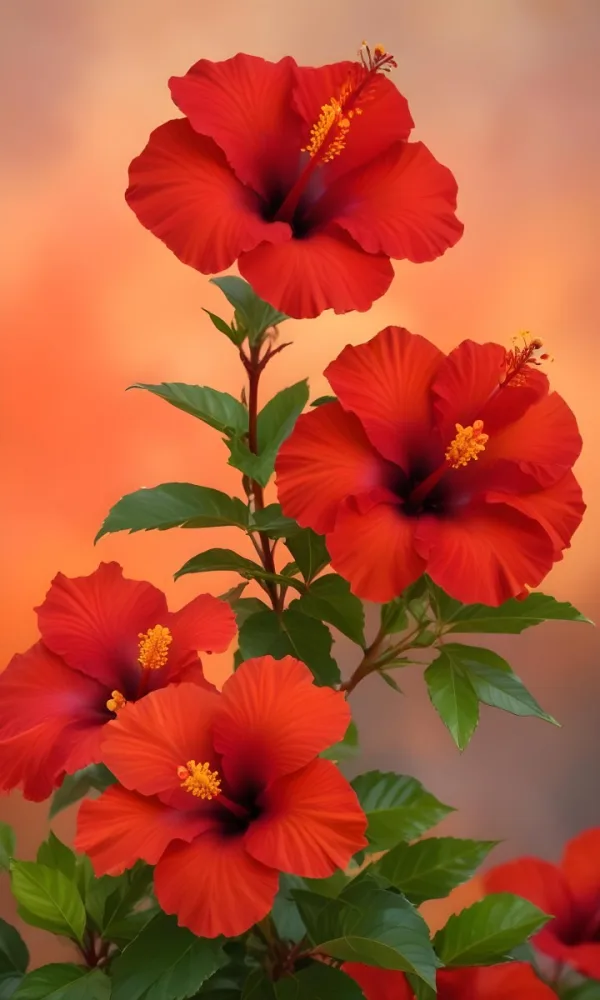 A Close Up Of Vibrant Red Hibiscus Flowers With Orange Leaves Set Against A Soft Focus Background Of Warm Orange And Yellow Hues Creating A Natural And Inviting Composition 13 5705