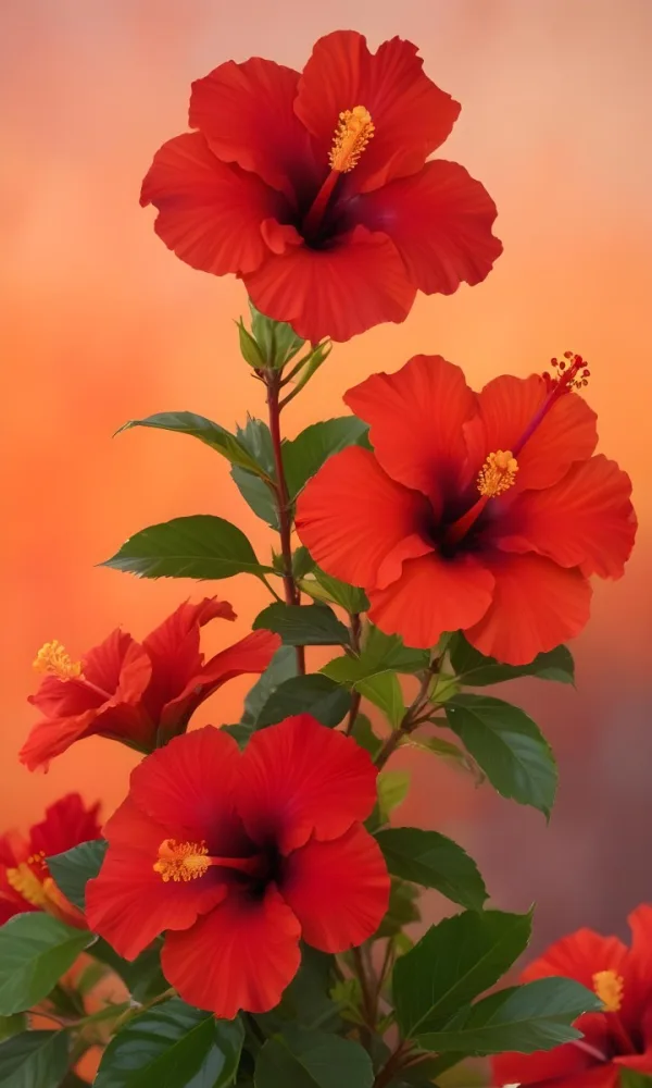 A Close Up Of Vibrant Red Hibiscus Flowers With Orange Leaves Set Against A Soft Focus Background Of Warm Orange And Yellow Hues Creating A Natural And Inviting Composition 14 Dc32