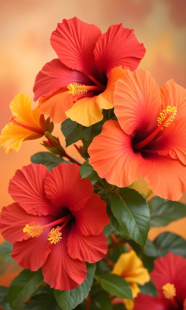 A Close Up Of Vibrant Red Hibiscus Flowers With Orange Leaves Set Against A Soft Focus Background Of Warm Orange And Yellow Hues Creating A Natural And Inviting Composition 2 Bd6d
