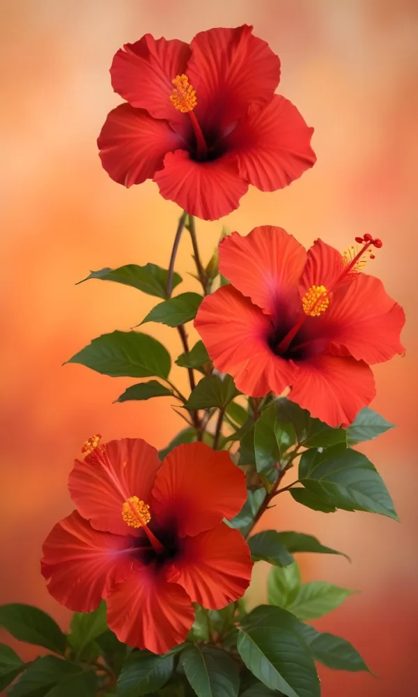 A Close Up Of Vibrant Red Hibiscus Flowers With Orange Leaves Set Against A Soft Focus Background Of Warm Orange And Yellow Hues Creating A Natural And Inviting Composition 20 Ee06
