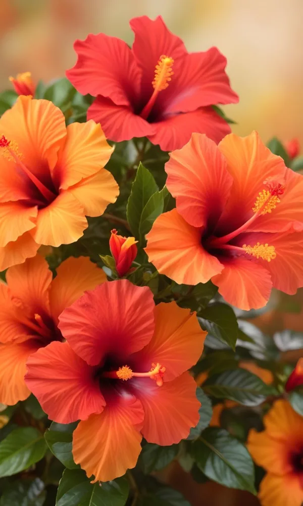 A Close Up Of Vibrant Red Hibiscus Flowers With Orange Leaves Set Against A Soft Focus Background Of Warm Orange And Yellow Hues Creating A Natural And Inviting Composition 21 B977