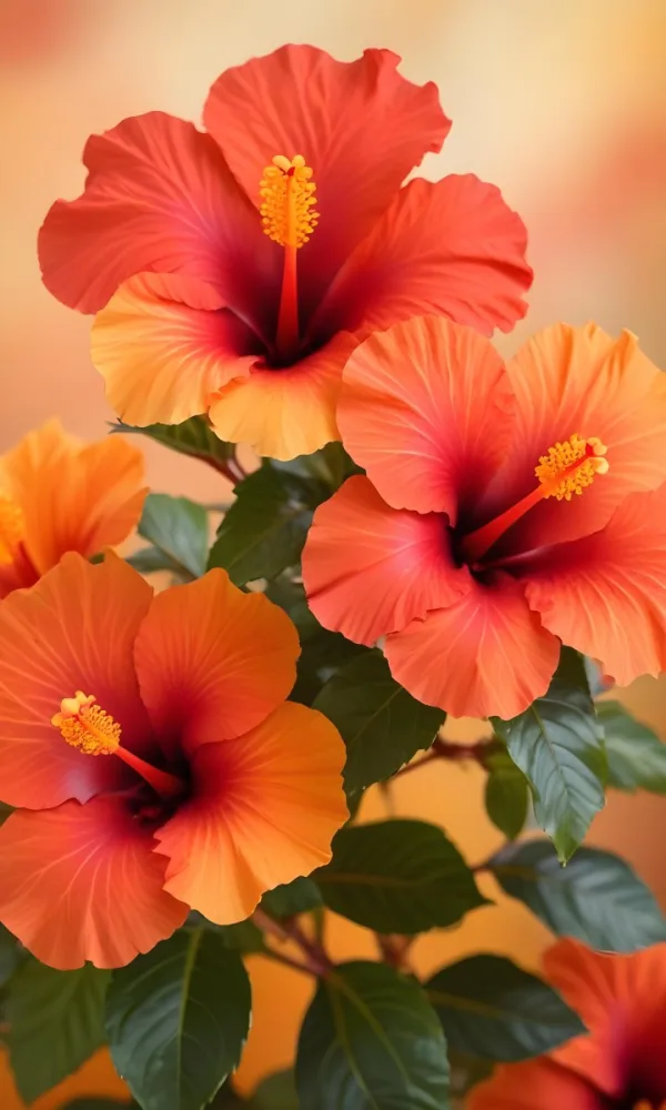 A Close Up Of Vibrant Red Hibiscus Flowers With Orange Leaves Set Against A Soft Focus Background Of Warm Orange And Yellow Hues Creating A Natural And Inviting Composition 22 E9e2