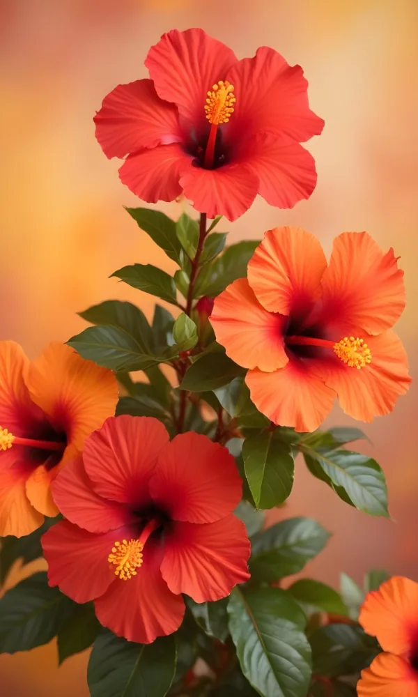 A Close Up Of Vibrant Red Hibiscus Flowers With Orange Leaves Set Against A Soft Focus Background Of Warm Orange And Yellow Hues Creating A Natural And Inviting Composition 24 Cbae