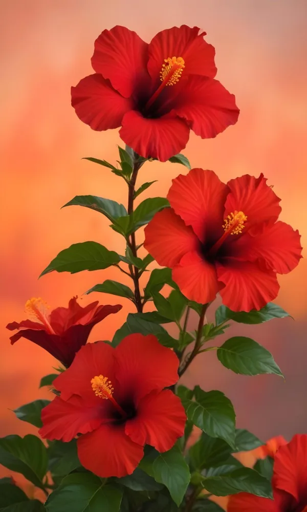 A Close Up Of Vibrant Red Hibiscus Flowers With Orange Leaves Set Against A Soft Focus Background Of Warm Orange And Yellow Hues Creating A Natural And Inviting Composition 3 A436