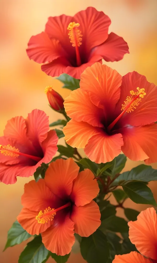 A Close Up Of Vibrant Red Hibiscus Flowers With Orange Leaves Set Against A Soft Focus Background Of Warm Orange And Yellow Hues Creating A Natural And Inviting Composition 4 0dcf
