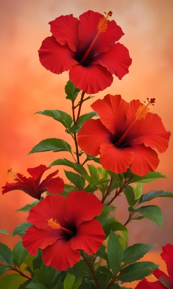 A Close Up Of Vibrant Red Hibiscus Flowers With Orange Leaves Set Against A Soft Focus Background Of Warm Orange And Yellow Hues Creating A Natural And Inviting Composition 5 E42b