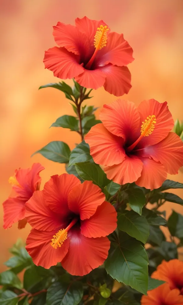 A Close Up Of Vibrant Red Hibiscus Flowers With Orange Leaves Set Against A Soft Focus Background Of Warm Orange And Yellow Hues Creating A Natural And Inviting Composition 6 2bca