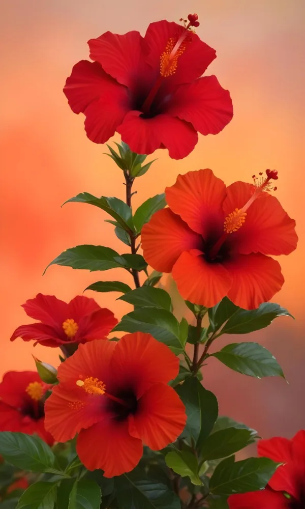 A Close Up Of Vibrant Red Hibiscus Flowers With Orange Leaves Set Against A Soft Focus Background Of Warm Orange And Yellow Hues Creating A Natural And Inviting Composition 7 4f98