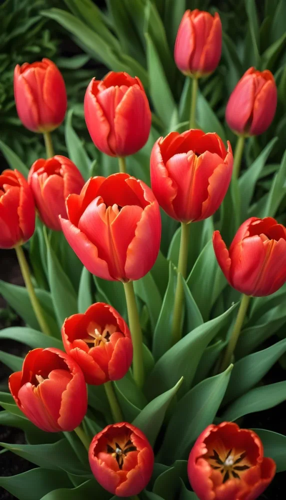 A Close Up Of Vibrant Red Tulip Flowers Their Petals Tightly Closed Surrounded By Lush Green Leaves Creating A Natural Vibrant And Colorful Floral Arrangement 11 9b06