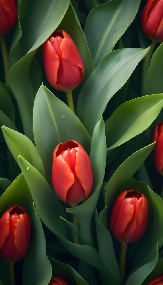A Close Up Of Vibrant Red Tulip Flowers Their Petals Tightly Closed Surrounded By Lush Green Leaves Creating A Natural Vibrant And Colorful Floral Arrangement 16 D647