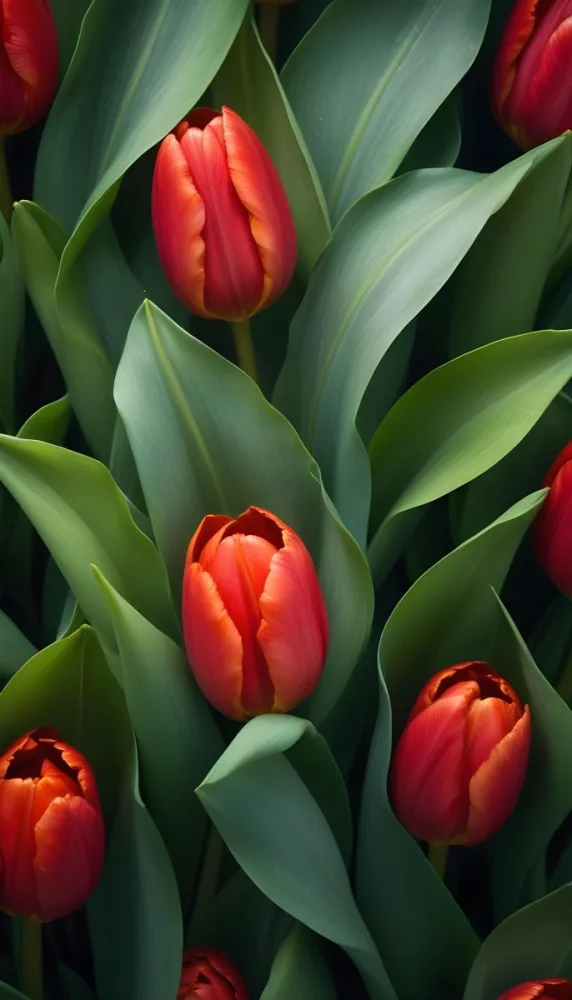 A Close Up Of Vibrant Red Tulip Flowers Their Petals Tightly Closed Surrounded By Lush Green Leaves Creating A Natural Vibrant And Colorful Floral Arrangement 29 D2b7