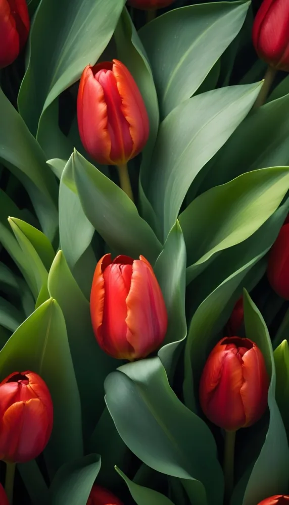 A Close Up Of Vibrant Red Tulip Flowers Their Petals Tightly Closed Surrounded By Lush Green Leaves Creating A Natural Vibrant And Colorful Floral Arrangement 30 Ea6b