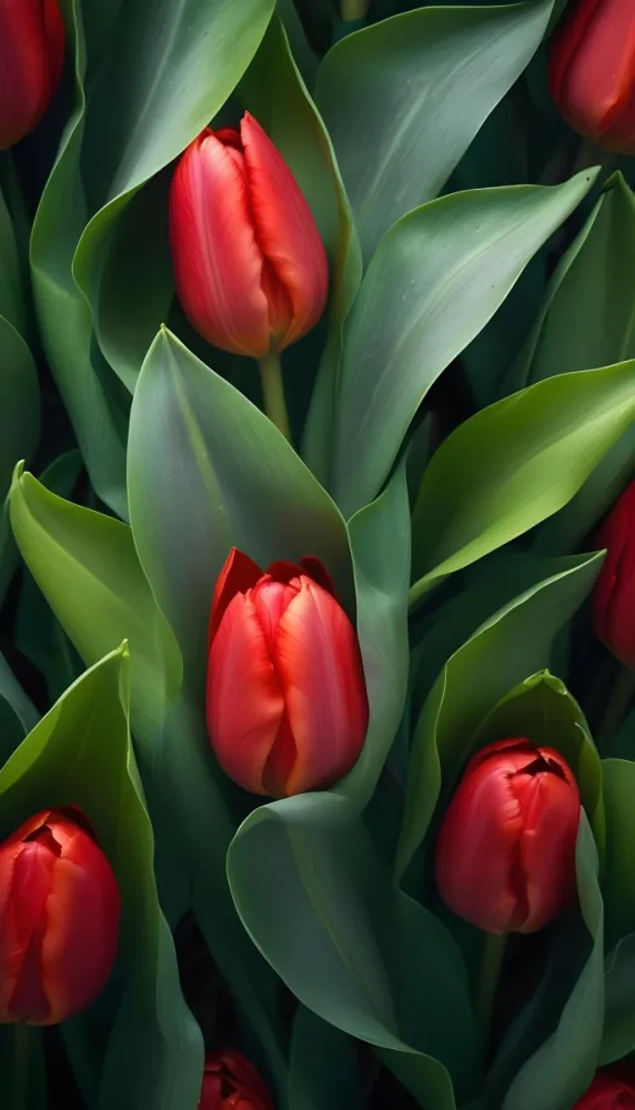 A Close Up Of Vibrant Red Tulip Flowers Their Petals Tightly Closed Surrounded By Lush Green Leaves Creating A Natural Vibrant And Colorful Floral Arrangement 31 F805