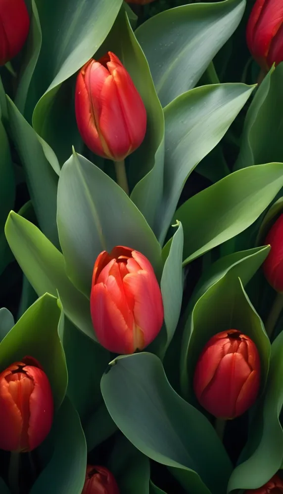 A Close Up Of Vibrant Red Tulip Flowers Their Petals Tightly Closed Surrounded By Lush Green Leaves Creating A Natural Vibrant And Colorful Floral Arrangement 32 9200