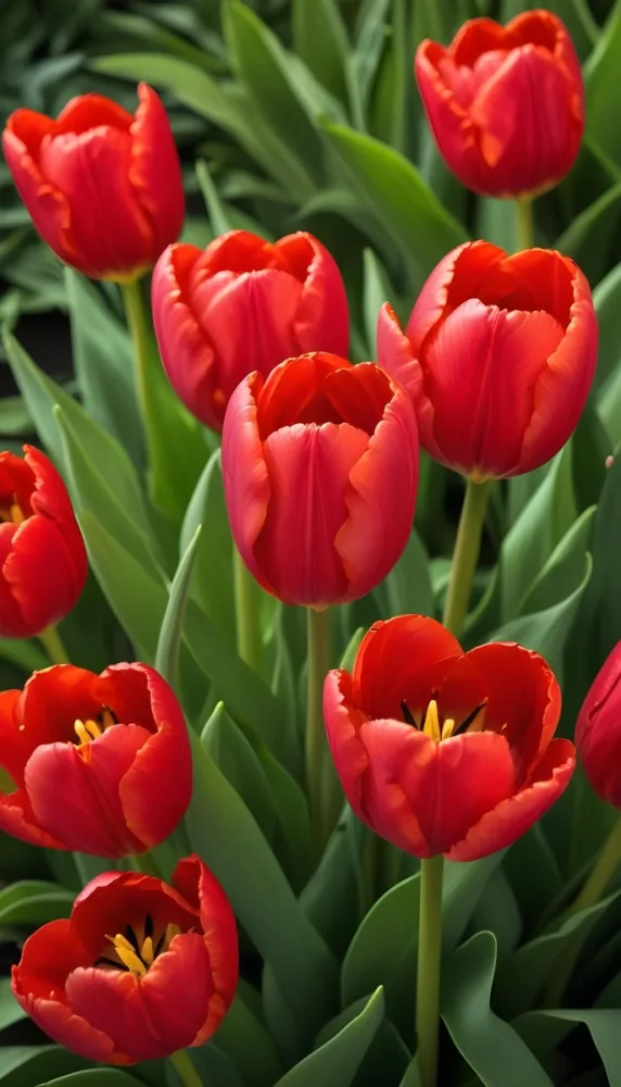 A Close Up Of Vibrant Red Tulip Flowers Their Petals Tightly Closed Surrounded By Lush Green Leaves Creating A Natural Vibrant And Colorful Floral Arrangement 34 082d