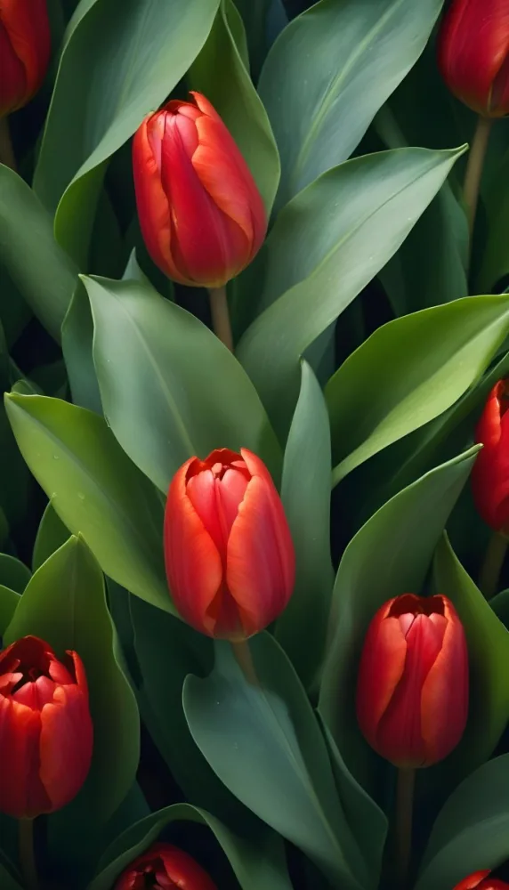 A Close Up Of Vibrant Red Tulip Flowers Their Petals Tightly Closed Surrounded By Lush Green Leaves Creating A Natural Vibrant And Colorful Floral Arrangement 35 09c7