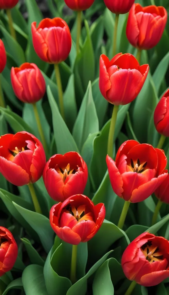A Close Up Of Vibrant Red Tulip Flowers Their Petals Tightly Closed Surrounded By Lush Green Leaves Creating A Natural Vibrant And Colorful Floral Arrangement 36 9b37