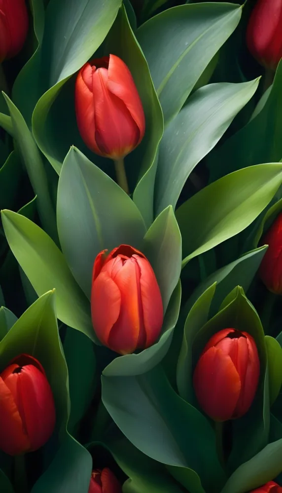 A Close Up Of Vibrant Red Tulip Flowers Their Petals Tightly Closed Surrounded By Lush Green Leaves Creating A Natural Vibrant And Colorful Floral Arrangement 37 B014
