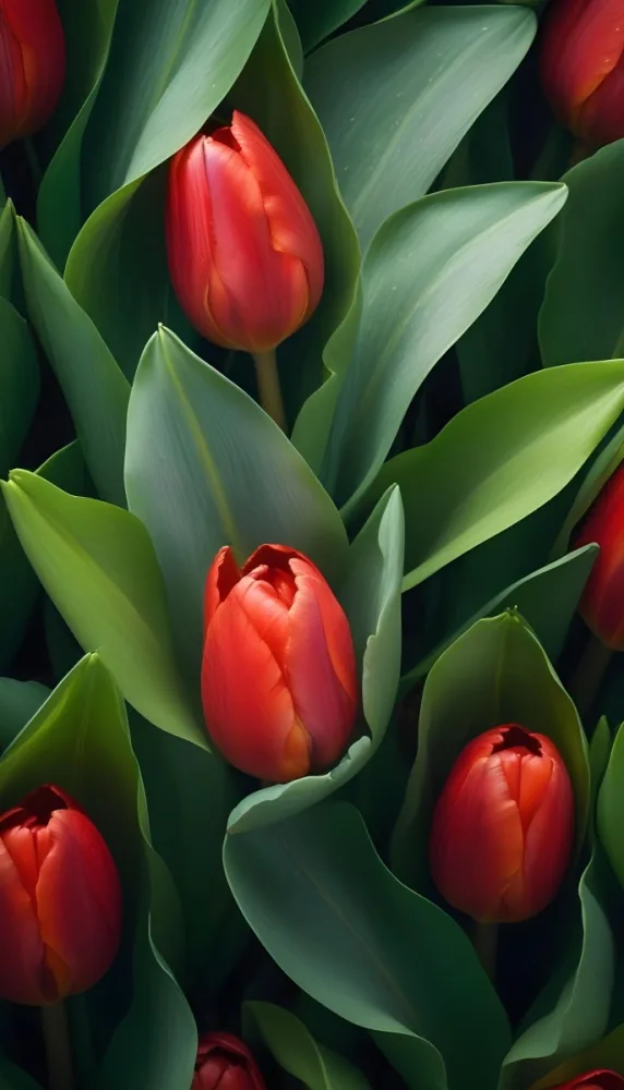A Close Up Of Vibrant Red Tulip Flowers Their Petals Tightly Closed Surrounded By Lush Green Leaves Creating A Natural Vibrant And Colorful Floral Arrangement 39 A5fe