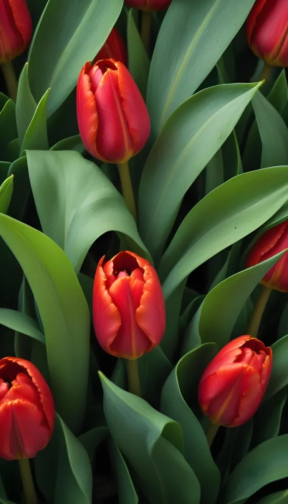 A Close Up Of Vibrant Red Tulip Flowers Their Petals Tightly Closed Surrounded By Lush Green Leaves Creating A Natural Vibrant And Colorful Floral Arrangement 4 Aaf5