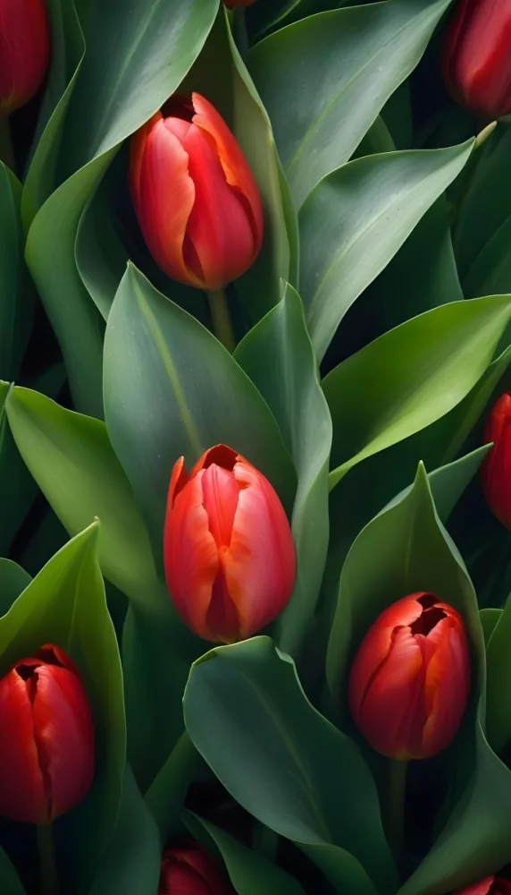 A Close Up Of Vibrant Red Tulip Flowers Their Petals Tightly Closed Surrounded By Lush Green Leaves Creating A Natural Vibrant And Colorful Floral Arrangement 6 5329