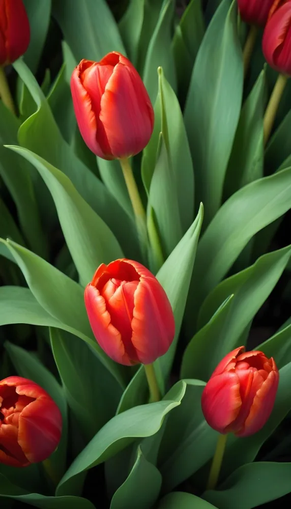 A Close Up Of Vibrant Red Tulip Flowers Their Petals Tightly Closed Surrounded By Lush Green Leaves Creating A Natural Vibrant And Colorful Floral Arrangement 7 Ba9f