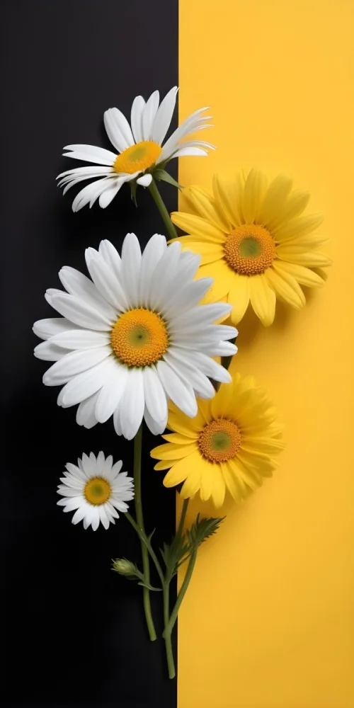 A Close Up Of White Daisy Flowers And Yellow Sunflowers Against A Dark Background 109 376e