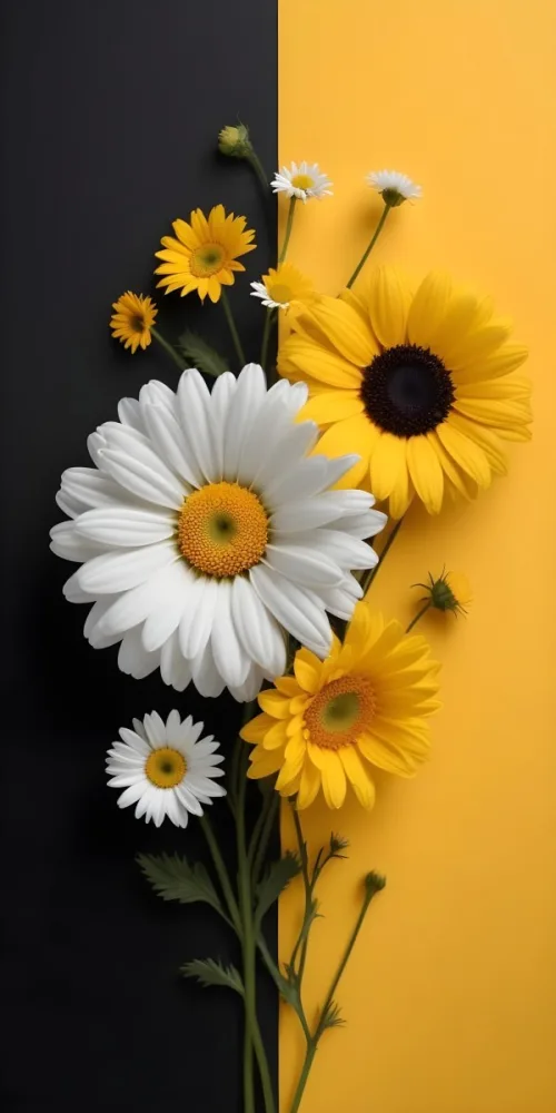 A Close Up Of White Daisy Flowers And Yellow Sunflowers Against A Dark Background 118 14c4