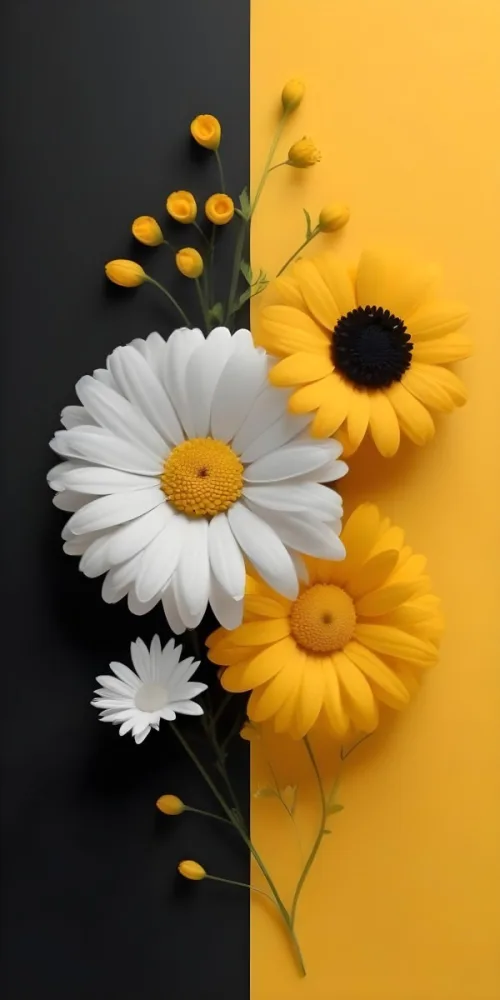 A Close Up Of White Daisy Flowers And Yellow Sunflowers Against A Dark Background 15 0630