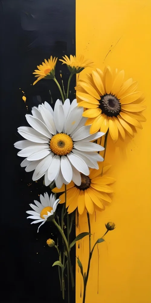 A Close Up Of White Daisy Flowers And Yellow Sunflowers Against A Dark Background 153 9579