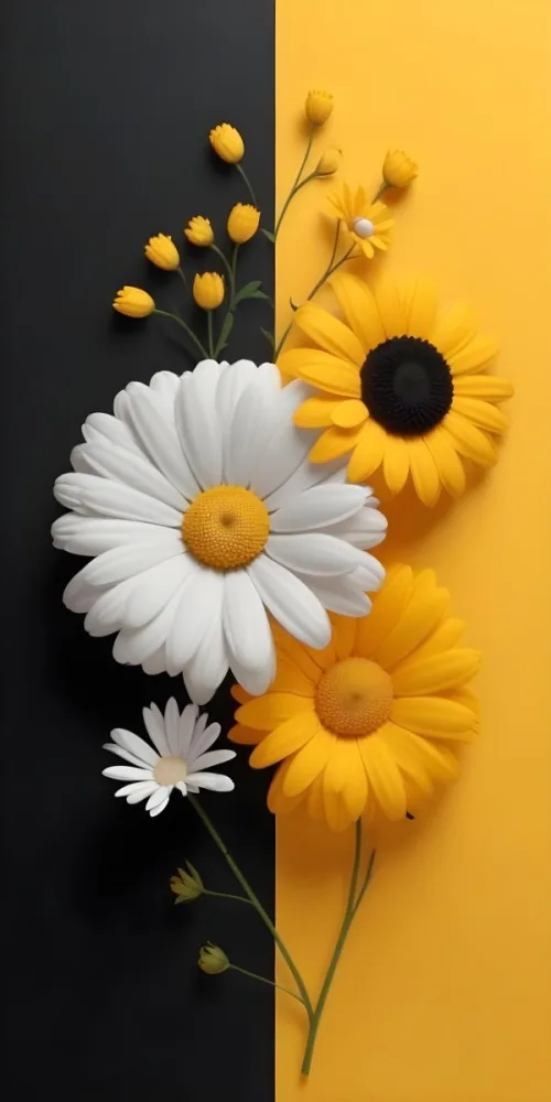 A Close Up Of White Daisy Flowers And Yellow Sunflowers Against A Dark Background 22 B289