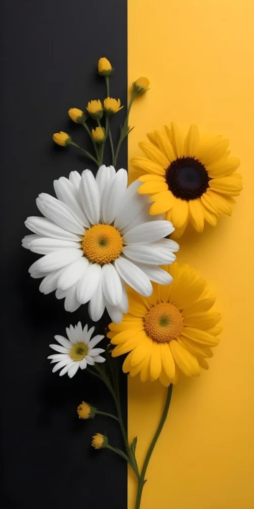 A Close Up Of White Daisy Flowers And Yellow Sunflowers Against A Dark Background 3 E4e0