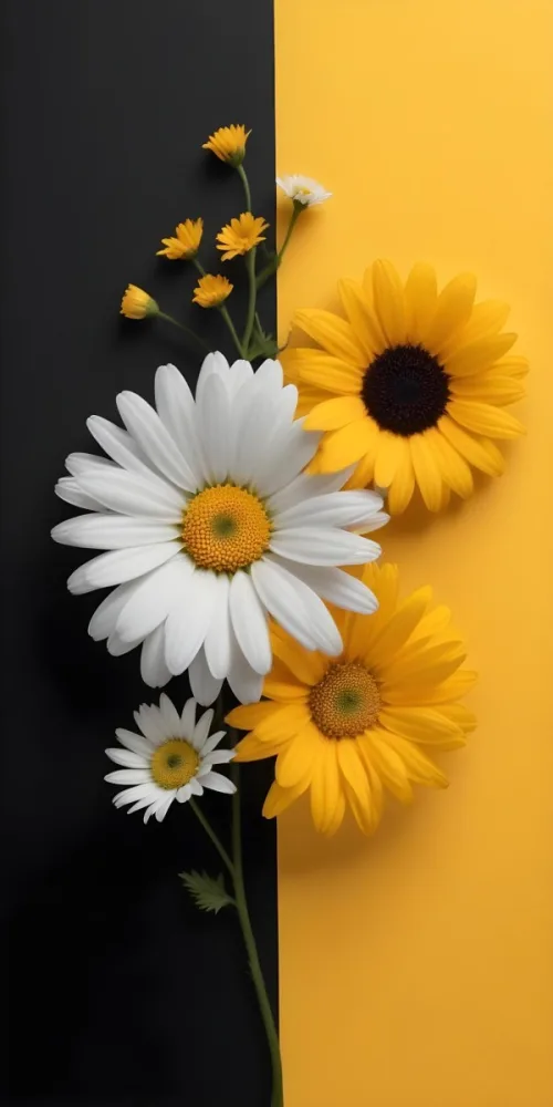 A Close Up Of White Daisy Flowers And Yellow Sunflowers Against A Dark Background 51 7706