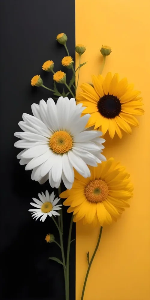 A Close Up Of White Daisy Flowers And Yellow Sunflowers Against A Dark Background 55 8dee