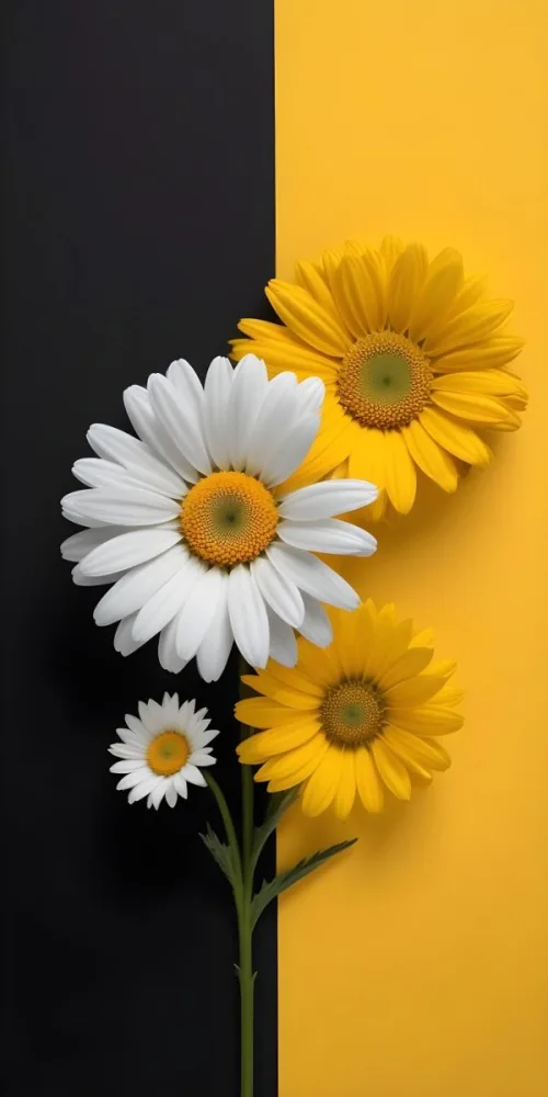A Close Up Of White Daisy Flowers And Yellow Sunflowers Against A Dark Background 58 0142