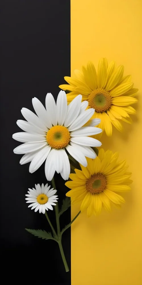 A Close Up Of White Daisy Flowers And Yellow Sunflowers Against A Dark Background 88 E1b4