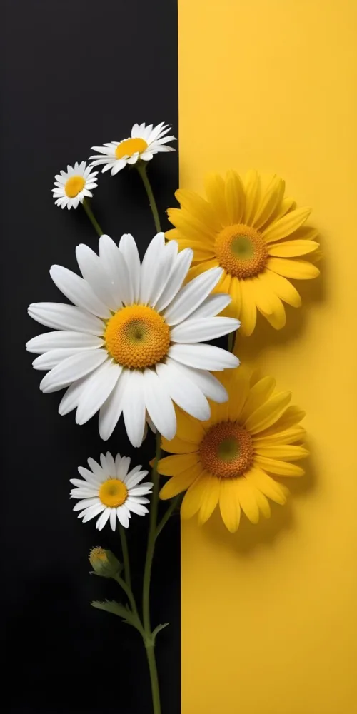 A Close Up Of White Daisy Flowers And Yellow Sunflowers Against A Dark Background 89 Ad6d
