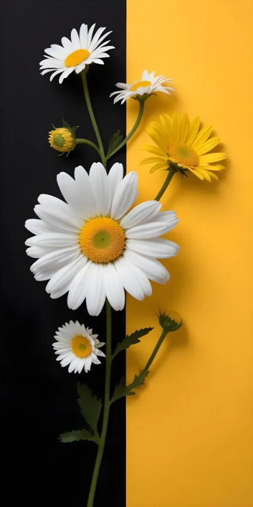 A Close Up Of White Daisy Flowers And Yellow Sunflowers Against A Dark Background 90 80bc