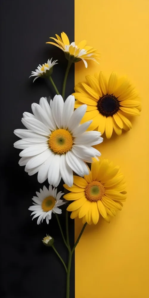 A Close Up Of White Daisy Flowers And Yellow Sunflowers Against A Dark Background 91 D2dc