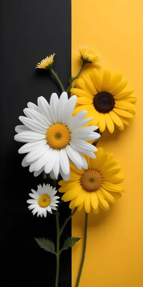 A Close Up Of White Daisy Flowers And Yellow Sunflowers Against A Dark Background 94 5289