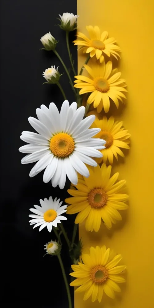 A Close Up Of White Daisy Flowers And Yellow Sunflowers Against A Dark Background 95 D402