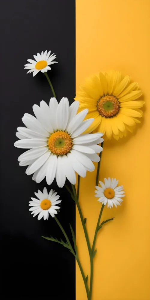 A Close Up Of White Daisy Flowers And Yellow Sunflowers Against A Dark Background 96 02ef