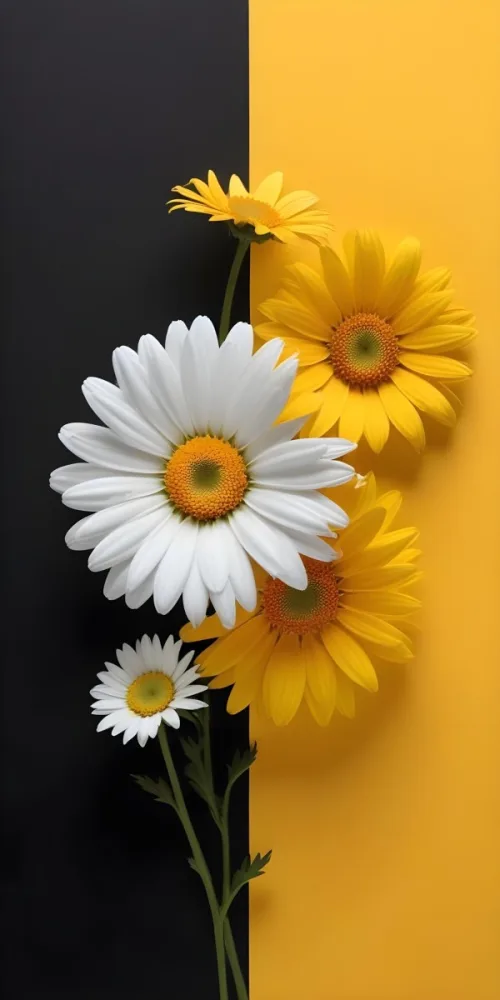A Close Up Of White Daisy Flowers And Yellow Sunflowers Against A Dark Background 99 F813